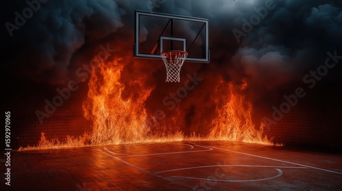 A basketball court engulfed in flames with smoke rising from the floor and above the hoop, captured in hyper-realistic, high-resolution photorealistic detail.