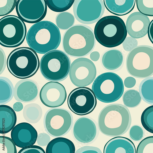 Seamless vector pattern with asymmetrical circles in green tones.
Unique design includes asymmetrical circles. The whole composition is made in different shades of green.