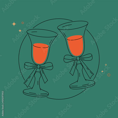 Colorful illustration of two wine glasses with bows on a green background. Festive minimal design with stars and circles. Perfect for celebrations, parties, and romantic themes.

