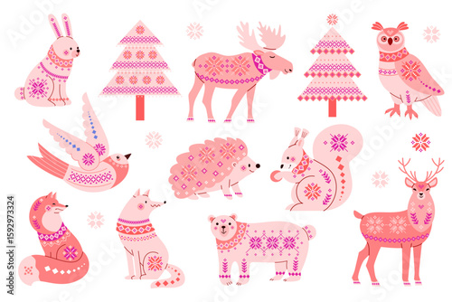 Set of forest animals with decorative folklore ornament: bear, deer, elk, fox, hare, owl, squirrel, wolf, rabbit, hedgehog, bird, tree, spruce, fir. Cute winter Christmas illustration for notebook.