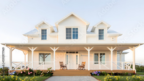 Serene White Farmhouse with Rocking Chairs, Warm Evening Light, Coastal Setting
