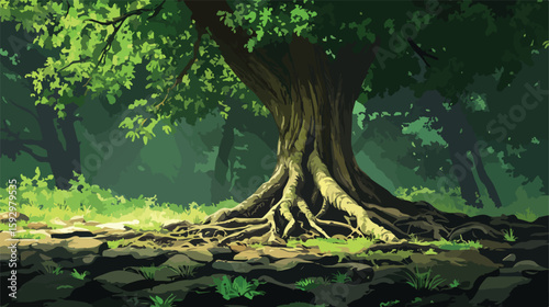 Green Tree and Roots Vector Illustration