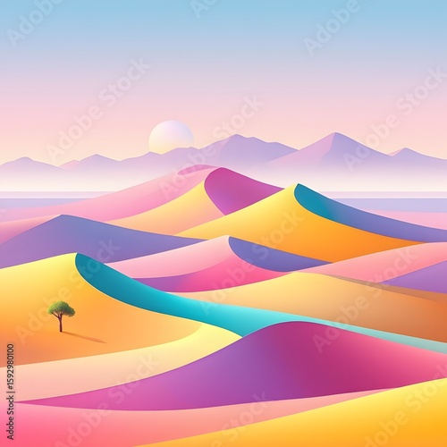 Colorful desert landscape illustration with sand dunes and pastel sky background art