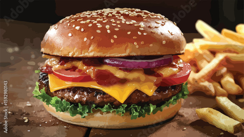 Delicious Gourmet Burger with Cheese and Tomato
