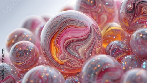 Abstract pink marble balls background, decorative spheres, swirl pattern, glitter art