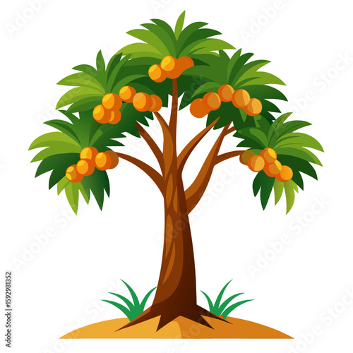 Cartoon date palm tree with ripe orange fruits isolated on white background