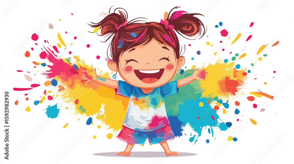 Fototapeta premium Joyful Cartoon Young Girl Celebrating Holi