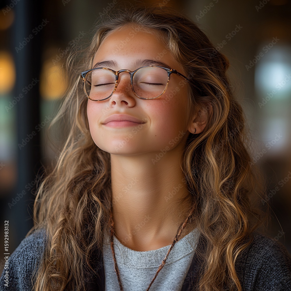 Obraz premium Portrait of a young woman with glasses meditating for wellness and relaxation with eyes closed outside