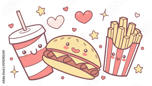 Adorable cartoon illustration of fast food items, including a soda, hotdog, and french fries, with cute expressions.