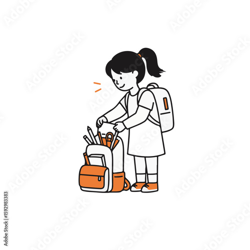 A young girl preparing her schoolbag with excitement and anticipation.