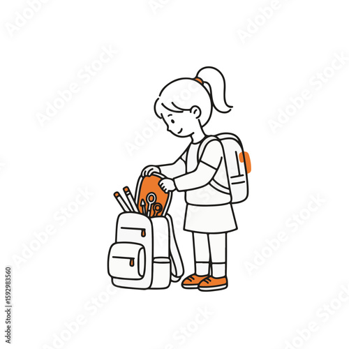 A young student neatly arranging stationery items inside her backpack.
