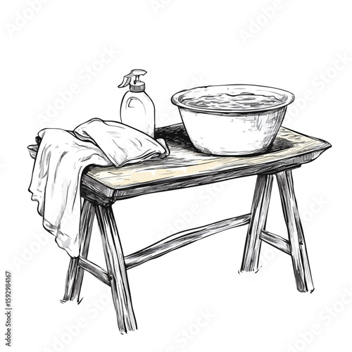 Vintage washboard and cleaning supplies sketch