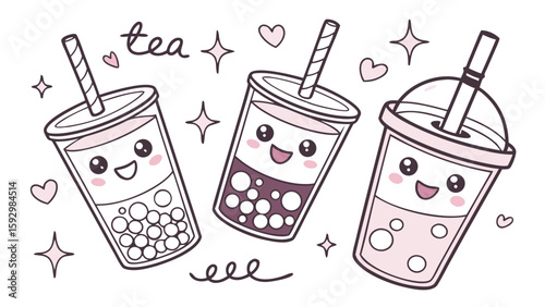 Three cute cartoon bubble tea drinks with smiling faces, straws, and tapioca pearls, surrounded by hearts, stars, and the word "tea".
