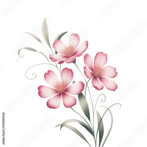 A watercolor illustration shows a bouquet of pink cosmos flowers with green leaves, isolated on transparent background Vector Art