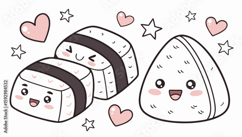 Cute cartoon illustration of two nigiri sushi and one onigiri rice ball, all with kawaii faces, surrounded by hearts and stars.