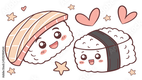 Cute cartoon sushi pieces with kawaii faces, surrounded by hearts and stars.