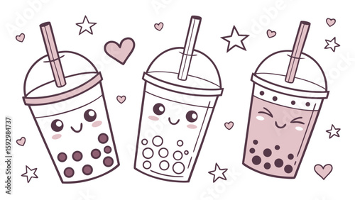 Three adorable cartoon boba tea cups with happy faces, surrounded by hearts and stars.