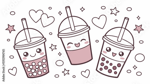 Three cute cartoon bubble tea cups with smiling faces, straws, and tapioca pearls, surrounded by hearts, stars, and circles on a white background.