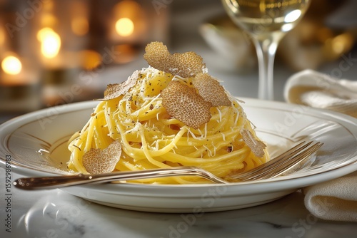 Golden tajarin pasta with white truffle on elegant marble dining setting