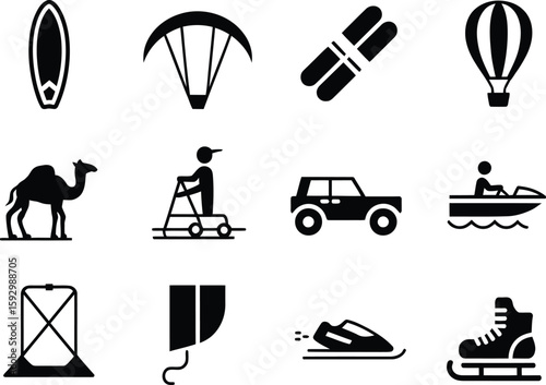 Collection of diverse transportation and recreational activity icons