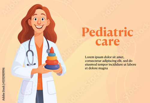Smiling female pediatrician holding a toy pyramid and promoting child medical care