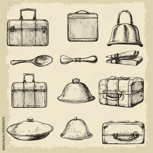 Hotel Service Elements Hand-drawn Sketch Set