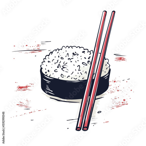 Traditional Japanese rice with chopsticks illustration