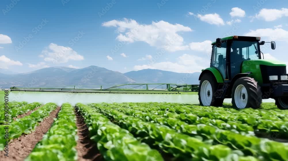 Green Tractor Spraying Crops in Lush Farm Field Green Tractor Spraying Crops in Lush Farm Field