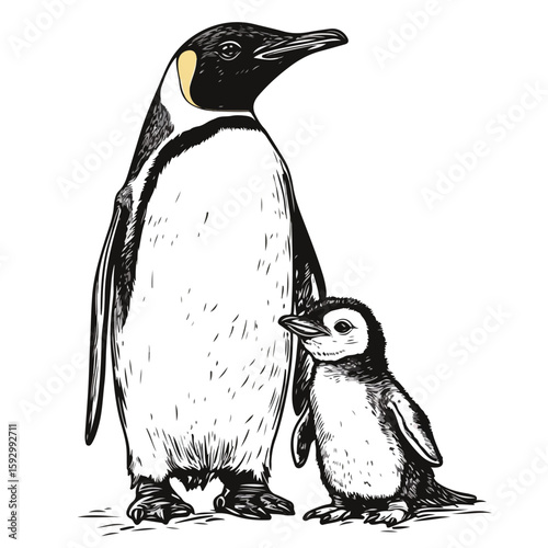 Charming hand-drawn penguin family sketch