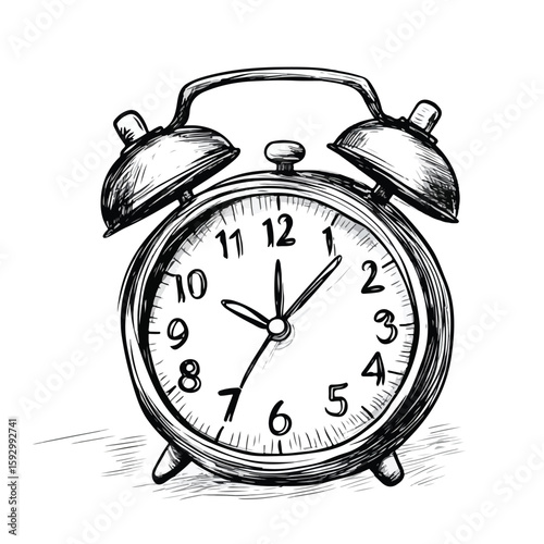 Vintage Alarm Clock Sketch on White Background