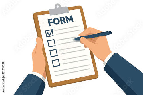 A man is filling out a document form, while human hands grasp a clipboard holding the form, depicted from a top view in vector format
