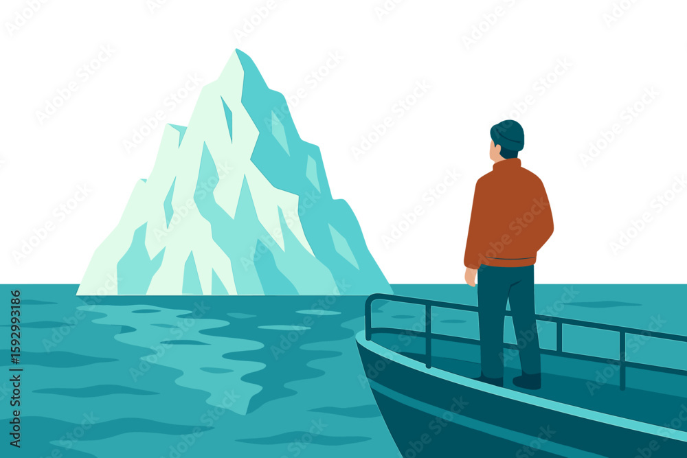 Obraz premium The concept of business risk is illustrated by a businessman navigating a paper boat near an iceberg, embodying danger, challenge, and courage