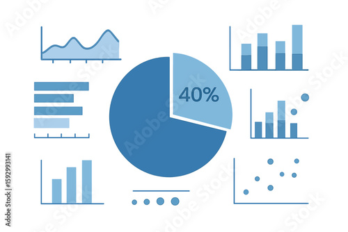 Infographic featuring a blue gradient and element icons, presented in a flat design style with pie charts and graph bars, suitable for an ads app logo, web banner, or ui ux, as an isometric graphic
