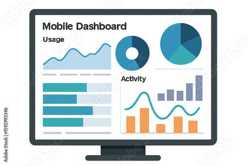 A laptop displays charts and graphs, representing business accounting and statistical concepts, incorporating digital marketing and business analysis, with a data growth diagram featuring a clean and