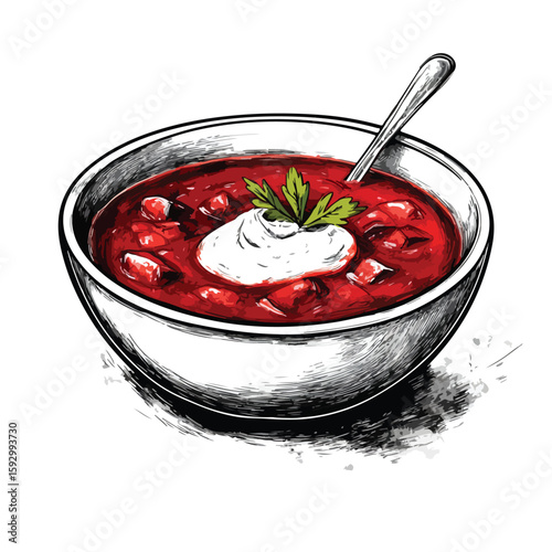 Hand-drawn Borscht Sketch with Sour Cream