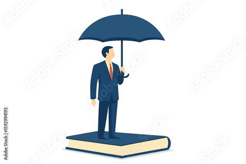 The concept of business insurance is represented by a vector symbol featuring a businessman and an umbrella, accompanied by infographics and space for text