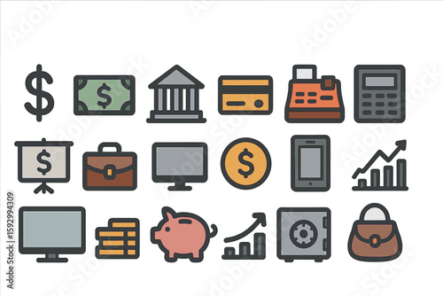A business finance icon set is provided, featuring symbols for banks, deposits, investments, and banking services, all in a black design
