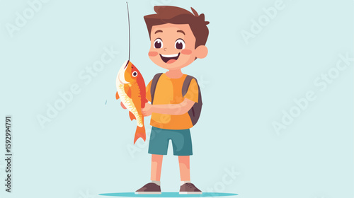 Joyful boy catching fish illustration