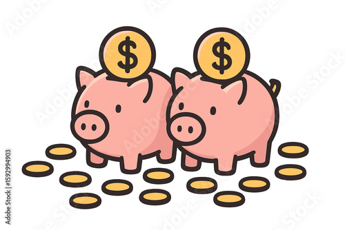 A pink piggy bank is depicted with falling golden coins from two different perspectives