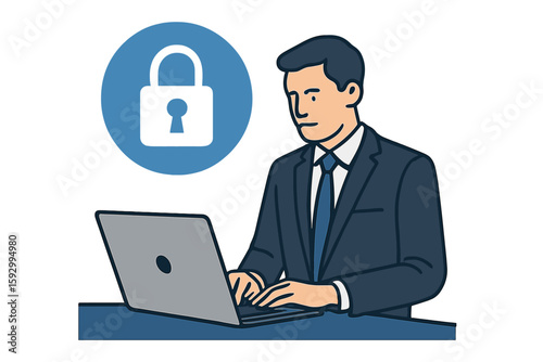 Concept of cyber security represented by a banner featuring a businessman safeguarding data and confidentiality, incorporating icons of a shield and lock, in a flat isometric vector illustration