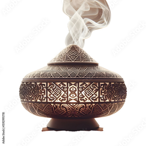 A traditional incense burner (Mabkhara) emitting smoke transparent background