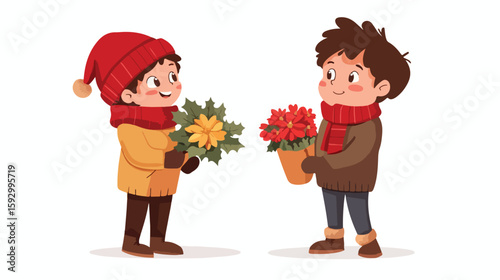 Joyful boy gifts flower to friend