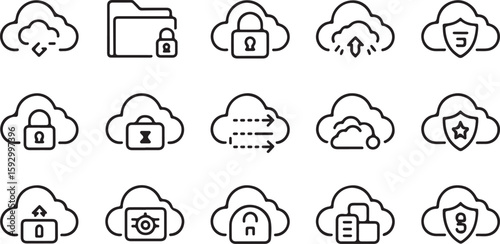 Cloud technology security and data transfer icons upload