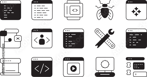 Collection of digital interface icons featuring code bug and tools computer