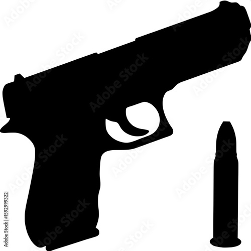 A black silhouette of a handgun with a single bullet placed beside it. The bullet is much smaller but rendered in the same bold, vector silhouette style, emphasizing contrast and scale.

