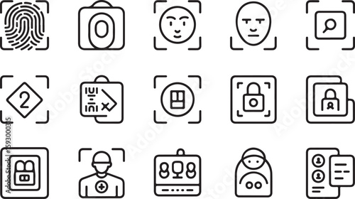 Security and identification icons featuring biometric data and access control fingerprint