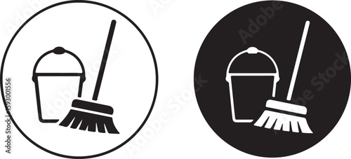 Cleaning Supplies Icons - Broom and Bucket Black and White Set
