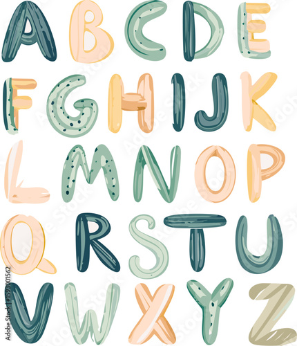 A–Z vector alphabet with soft, rounded letters in pastel tones. Perfect for nursery posters, kids’ designs and playful baby decor.