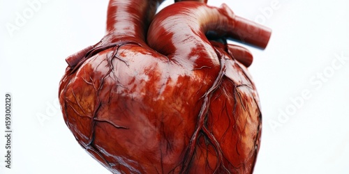 Intricate and detailed anatomical representation of a human heart showing the internal structure including blood vessels, valves, chambers, and circulatory systems.