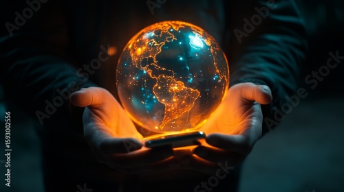 A glowing, earth-shaped globe being held by hands against a dark background. The sphere emits an orange light that suggests mystic energy or scientific innovation.